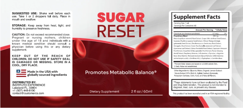 Sugar Reset supplement facts, usage instructions and product label
